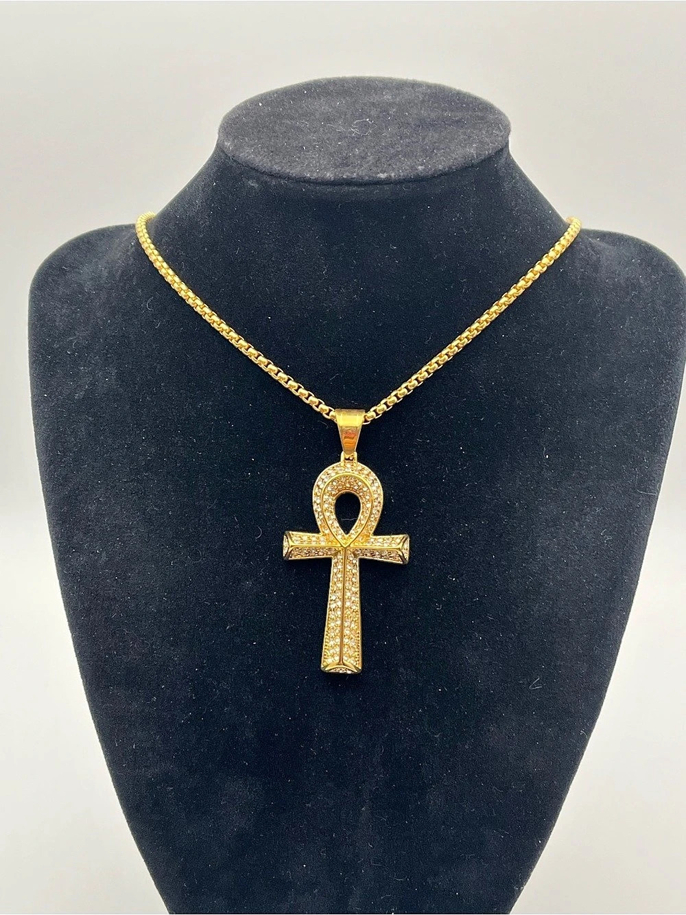 24”, Gold over Stainless Steel, Iced Out W/ CZ’s, Ankh Cross Pendant Necklace